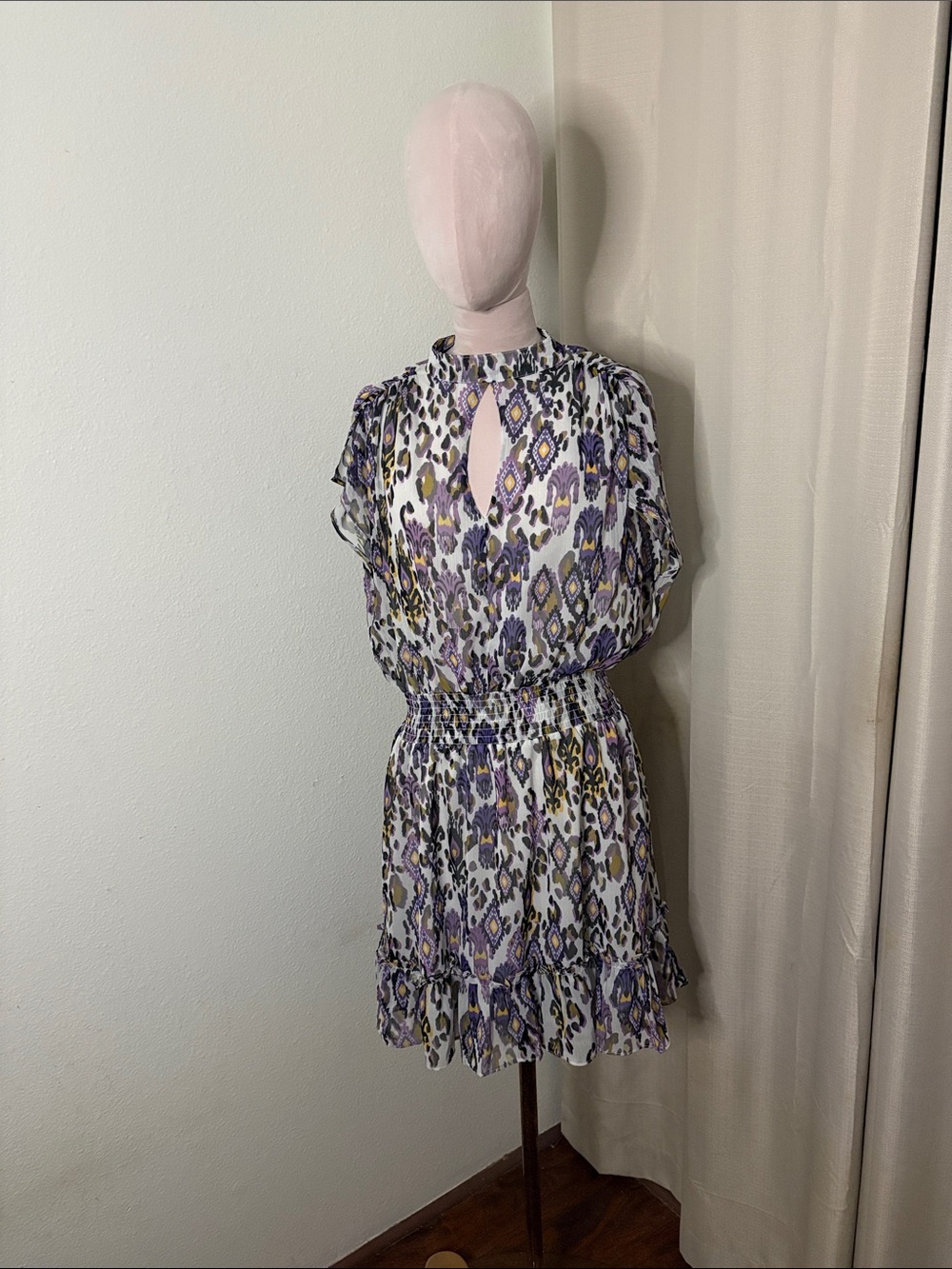 VENUS Lavender & White Printed Smocked Mini Dress